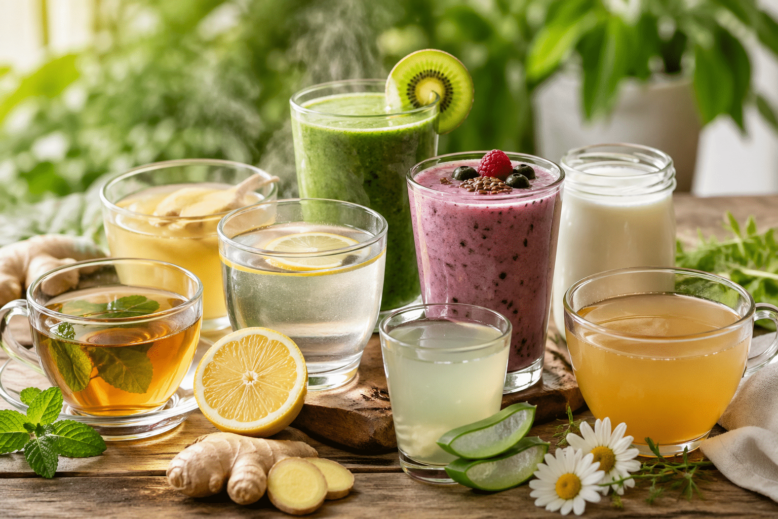 Assorted beverages on a wooden table: green kiwi smoothie, purple berry smoothie, tea, lemon water, and a milk jar, with lemon, lime, ginger and mint nearby.