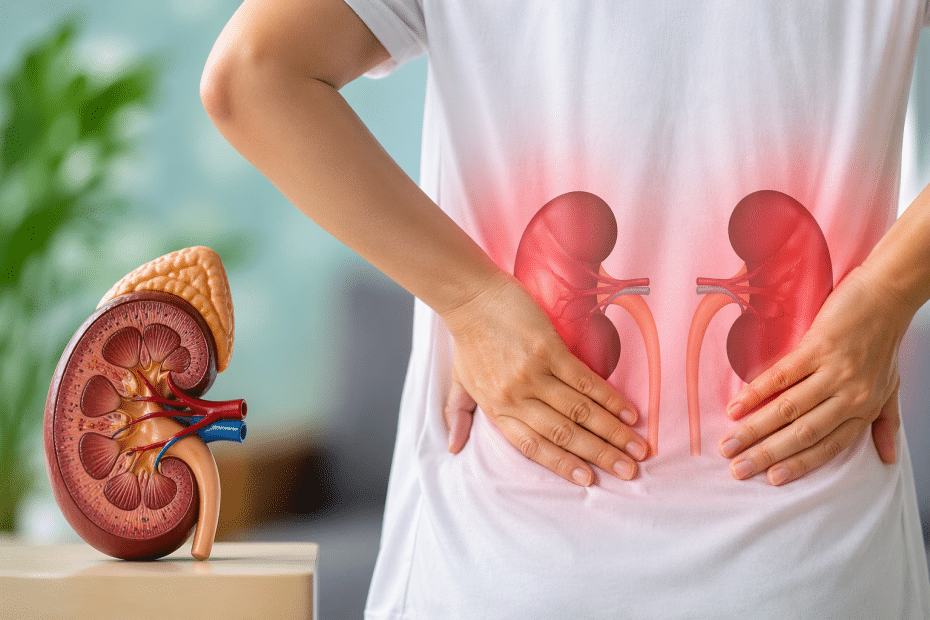 Person standing with hands on lower back, showing a red-tinted diagram of both kidneys on the abdomen and a kidney model on a nearby table.