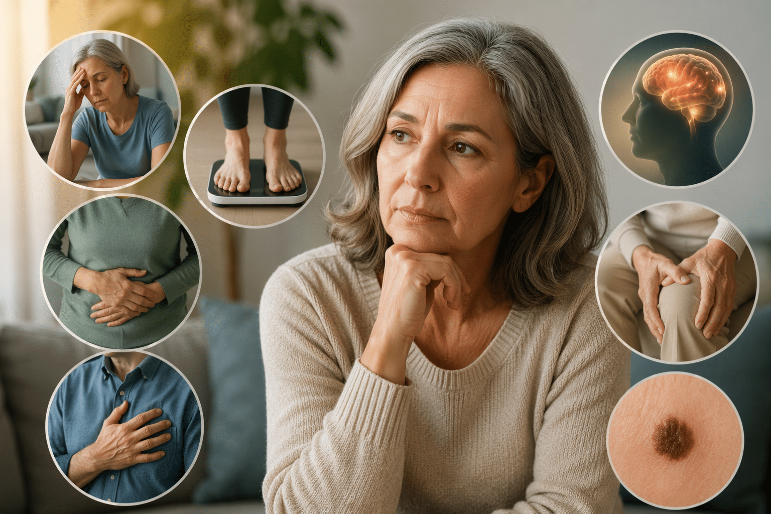 An older woman with a thoughtful expression, surrounded by circles showing health concerns: headache, weight, stomach pain, brain, joints, knee, and skin lesion insets.