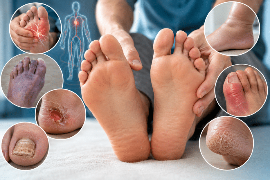 Central image shows a pair of feet with surrounding circular insets detailing common foot problems: a cracked heel, toenail fungus, dry scaly skin, a blistery toe, and other toe/toe-nail issues; background hints at a medical context.
