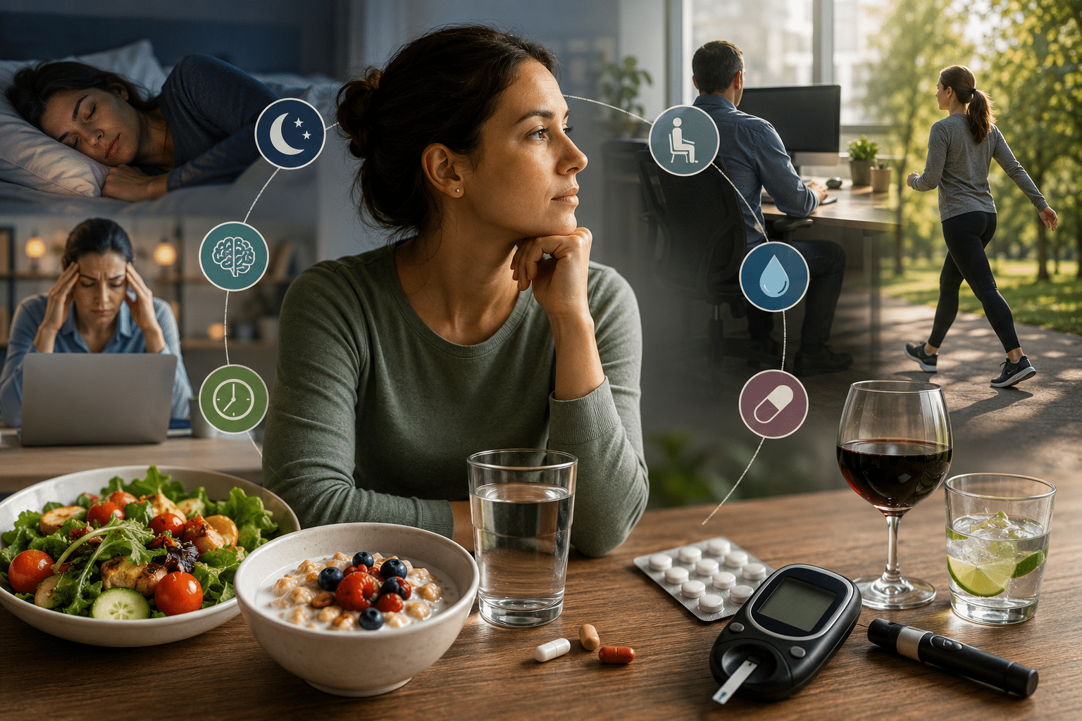 Woman sits at a table with food and medical devices, surrounded by health icons representing sleep, stress, timing, hydration, pills, and monitoring numbers, illustrating health management.