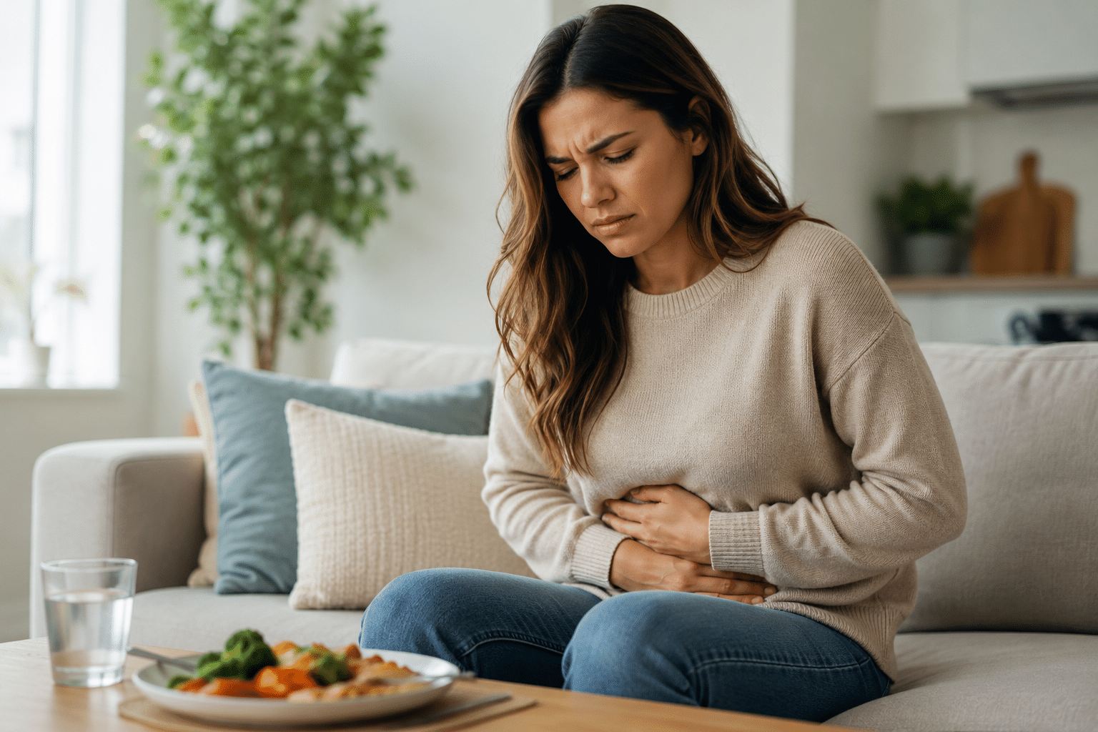 Woman on a sofa clutching her stomach in discomfort during a meal at home, with a plate of food and a glass of water on the table nearby.