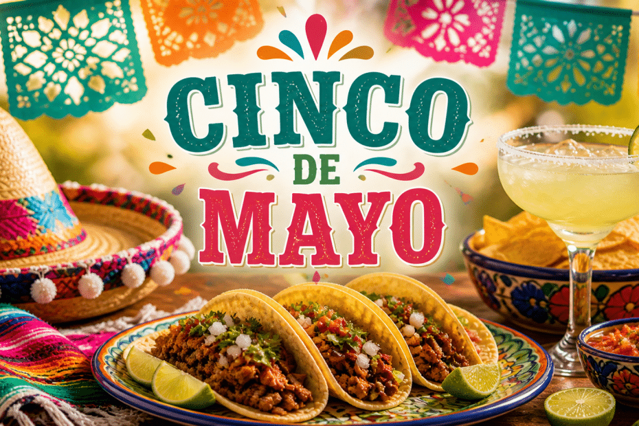 Vibrant Cinco de Mayo feast with tacos on a decorative plate, lime wedges, chips and salsa, margarita, sombrero, and colorful banners in the background.
