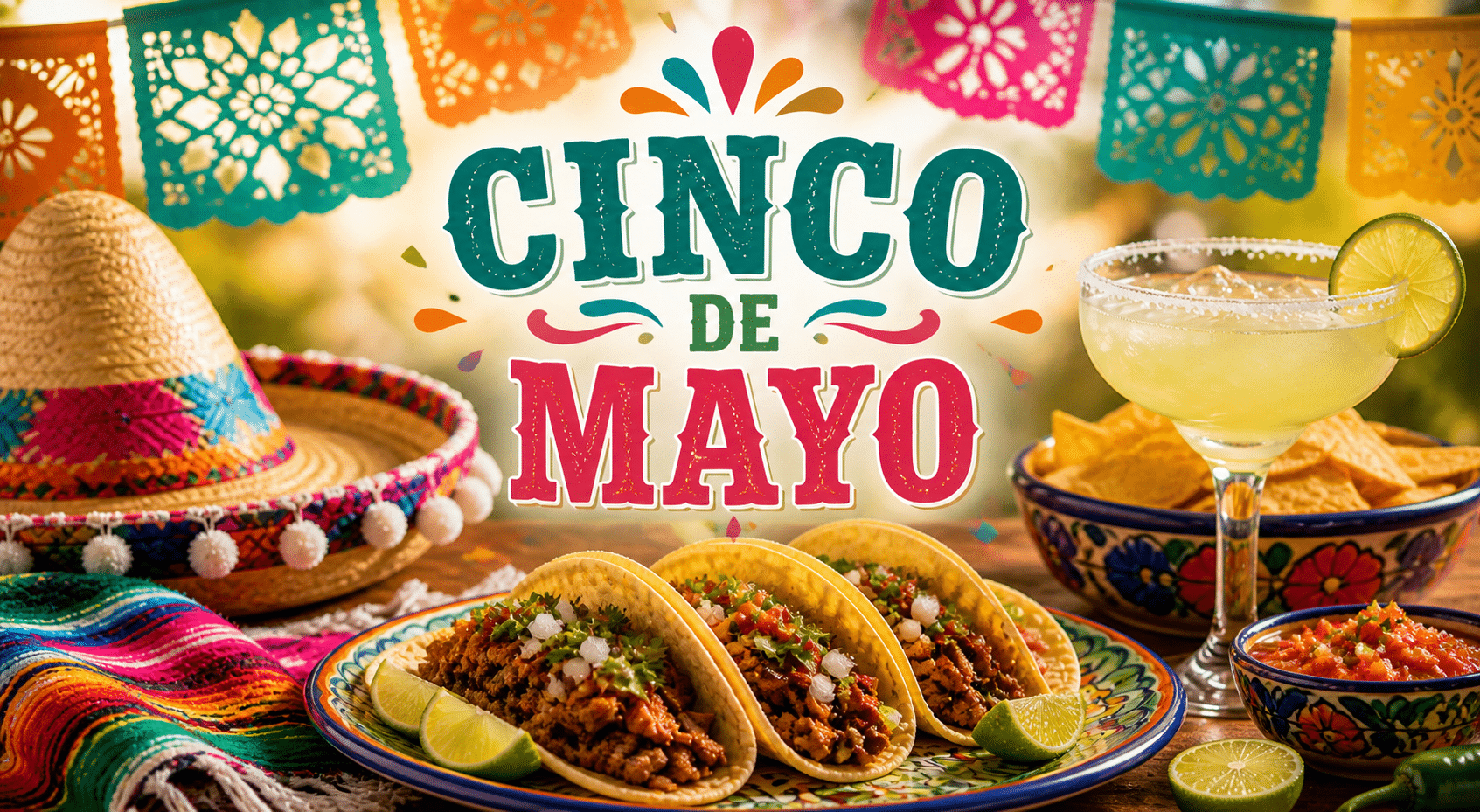Vibrant Cinco de Mayo feast with tacos on a decorative plate, lime wedges, chips and salsa, margarita, sombrero, and colorful banners in the background.
