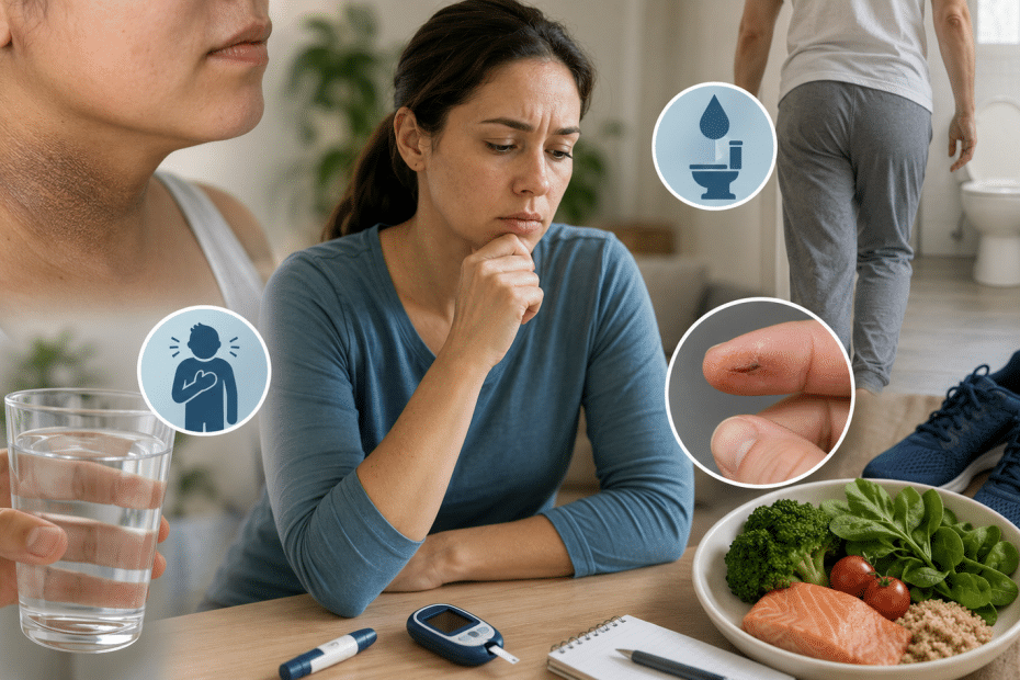 Worried woman at a table with a glucose meter and healthy food, with icons for dehydration, chest pain, and a finger injury nearby.