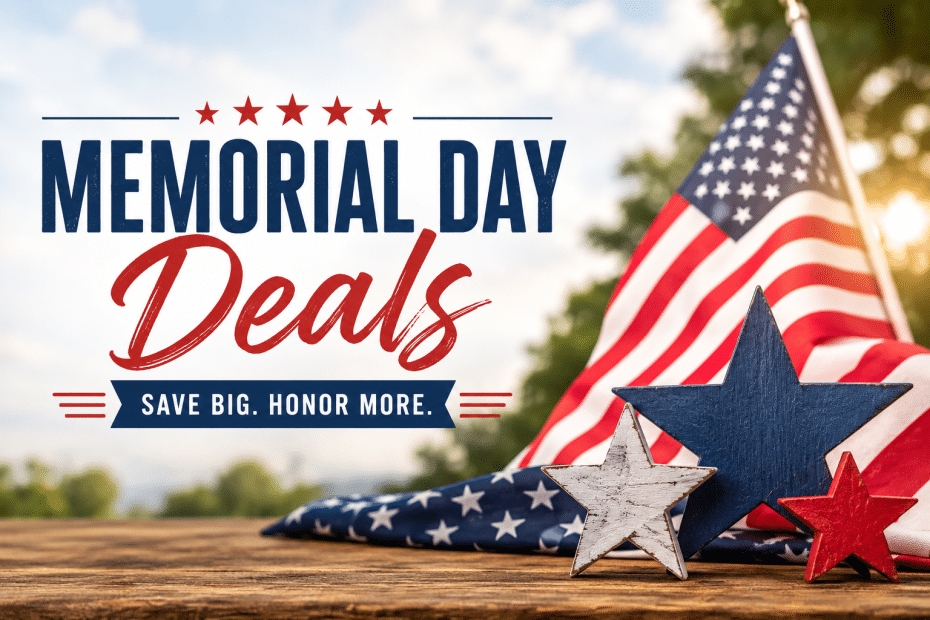 Patriotic Memorial Day deals banner with bold blue lettering and a red-script 'Deals' over a flag backdrop on a wooden surface.