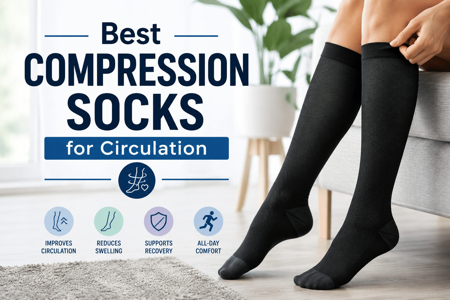 Advertisement for Best Compression Socks: a person wearing black compression socks; highlights 'for Circulation' and benefits like improved circulation, reduced swelling, supports recovery, all-day comfort.