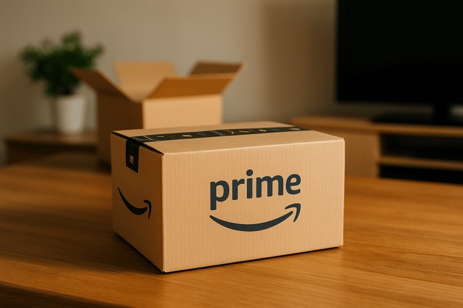 Prime-branded cardboard box on a wooden table, with an open box and plant in the blurry background.