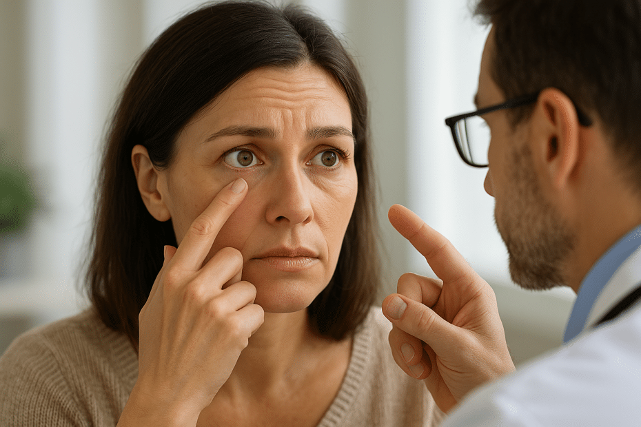 Doctor explaining eye care while pointing to the patient's eye, patient looks worried.