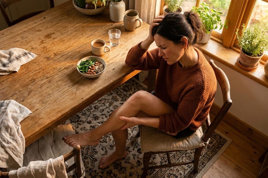 Woman in a brown sweater sits barefoot at a sunlit wooden table, clutching her knee in discomfort with a bowl of nuts and cups nearby.