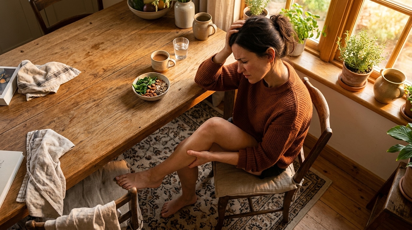 Woman in a brown sweater sits barefoot at a sunlit wooden table, clutching her knee in discomfort with a bowl of nuts and cups nearby.