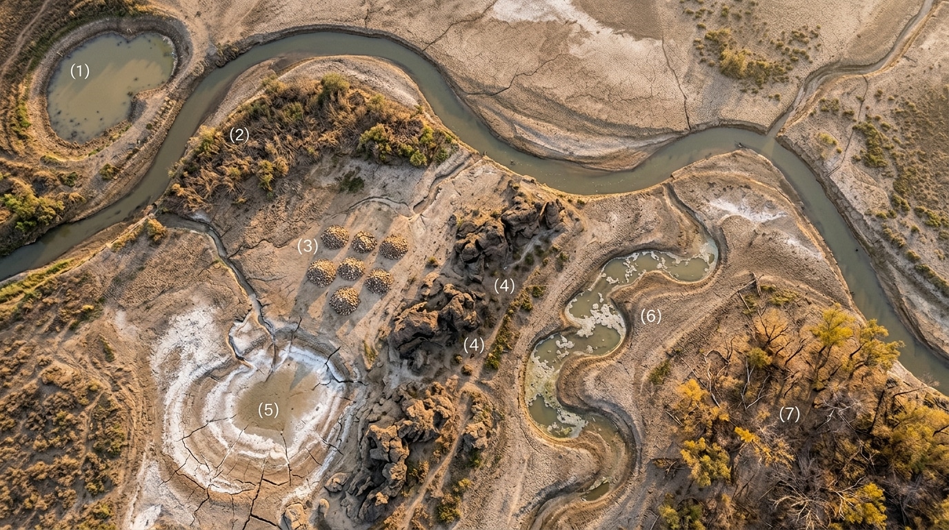 Aerial view of a dry, meandering river across a rugged landscape with seven labeled sites (1–7) marking key features including a circular crater-like area on the left and rocky outcrops in the center and right.