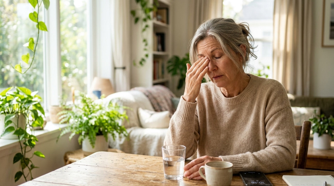 Older woman sits at a wooden table, hand to her forehead, looking weary in a sunlit living room with plants around her.