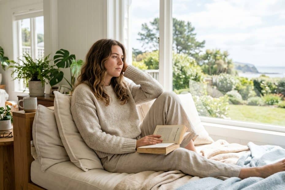 Woman lounging on a beige sofa by a bright window, reading a book with a view of the garden and ocean outside.