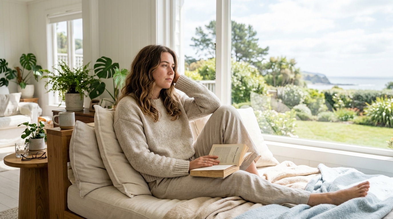 Woman lounging on a beige sofa by a bright window, reading a book with a view of the garden and ocean outside.