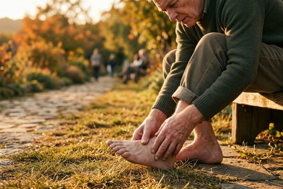 Older man sits on a bench in a sunlit autumn park, inspecting his bare foot on the stone path.