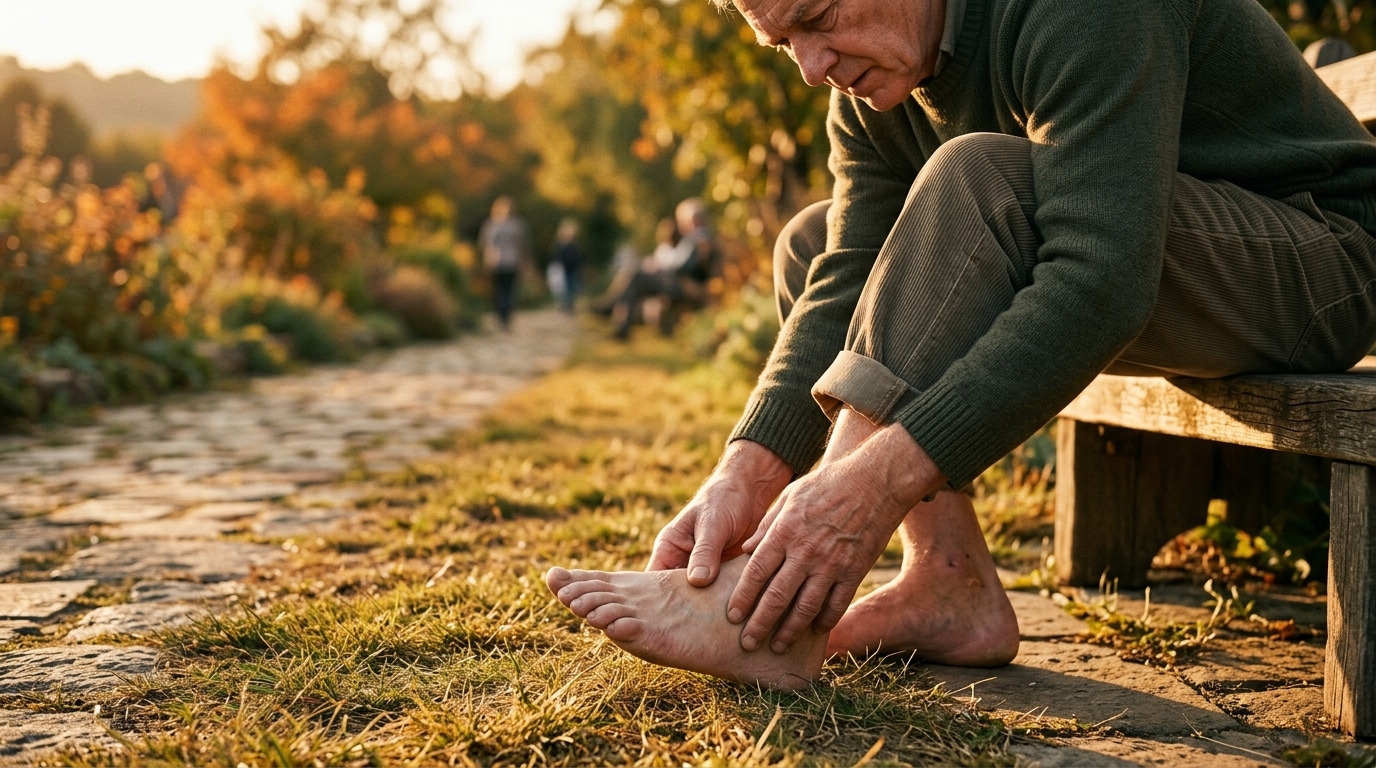 Older man sits on a bench in a sunlit autumn park, inspecting his bare foot on the stone path.