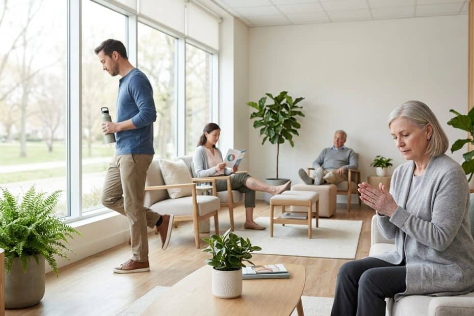 Man standing by window drinking from a bottle in a bright, modern waiting room with plants and seating.