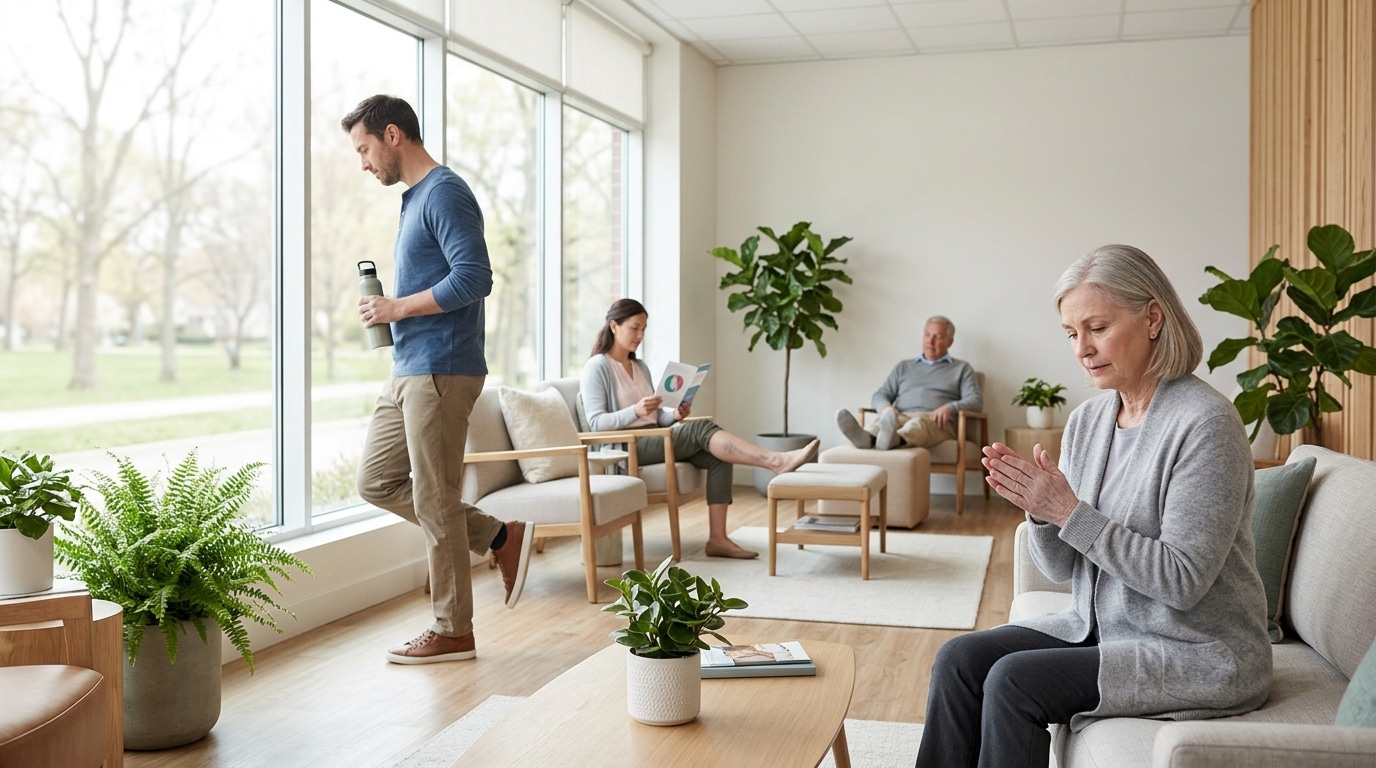 Man standing by window drinking from a bottle in a bright, modern waiting room with plants and seating.