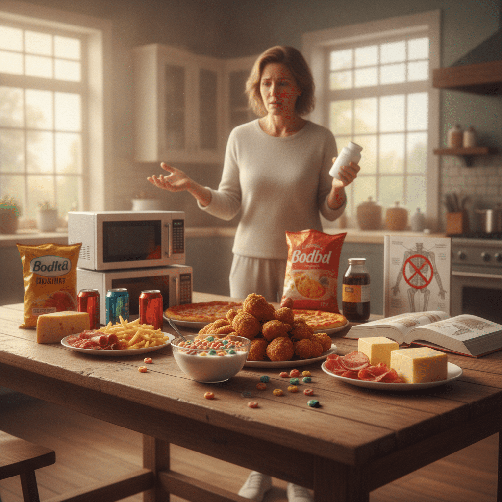 Woman in a bright kitchen stands behind a table piled with snacks (pizza, cheese, chips, candy) and drinks, looking puzzled while holding a bottle.