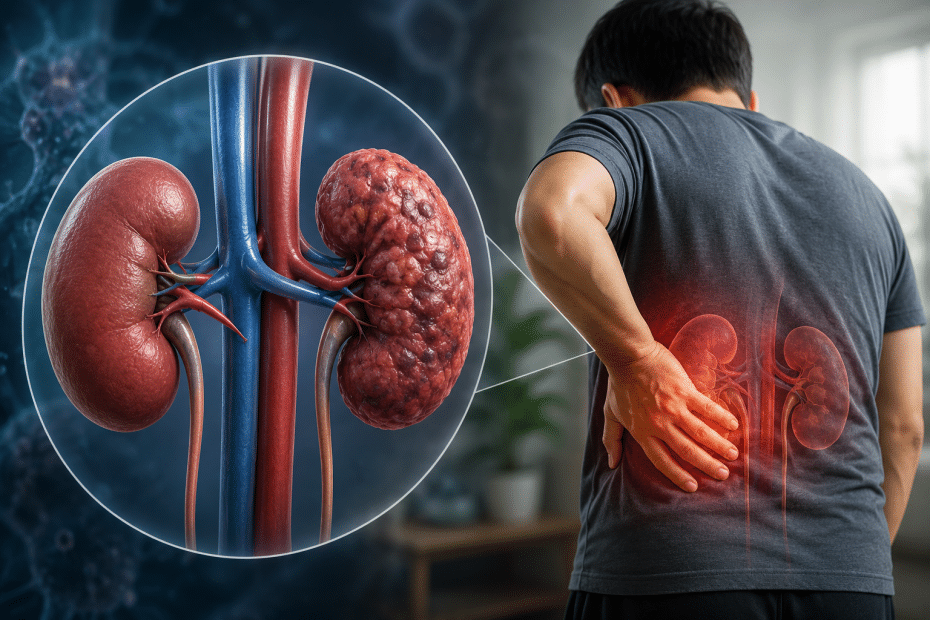 Man with back pain holding his lower back, overlaid by a detailed kidney and urinary system illustration to show kidney-related pain.