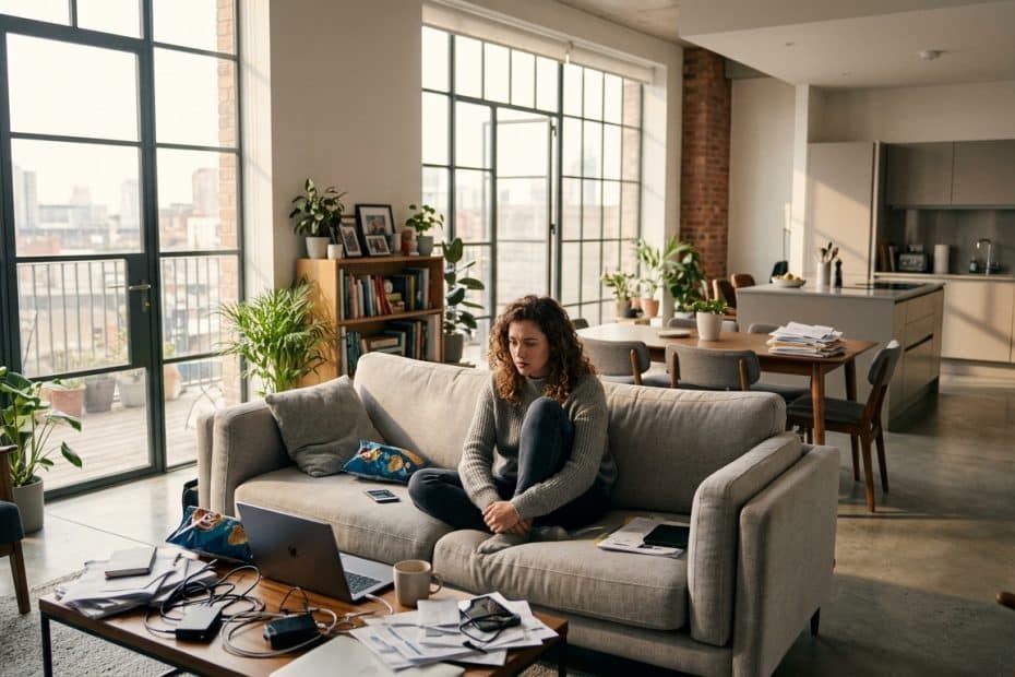 Woman sits cross-legged on a gray sofa in a bright, plant-filled living room, typing on a laptop with papers and cables on a coffee table nearby.