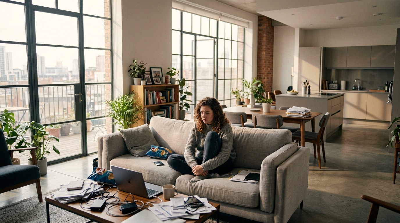 Woman sits cross-legged on a gray sofa in a bright, plant-filled living room, typing on a laptop with papers and cables on a coffee table nearby.