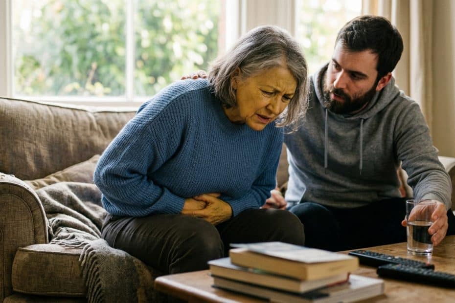 Elderly woman clutches her stomach on a sofa as a younger man consoles her in a living room. He rests a hand on her back and offers support, with a glass of water nearby.