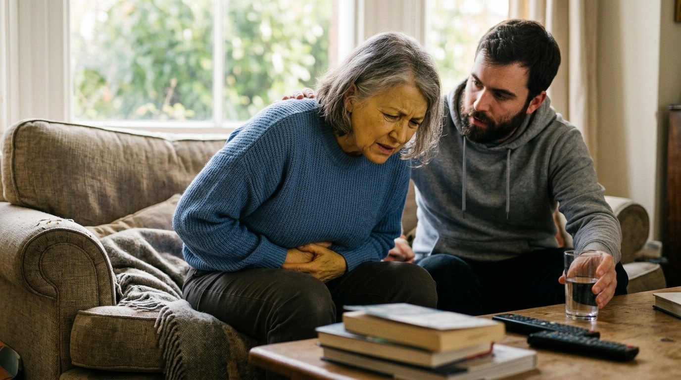 Elderly woman clutches her stomach on a sofa as a younger man consoles her in a living room. He rests a hand on her back and offers support, with a glass of water nearby.